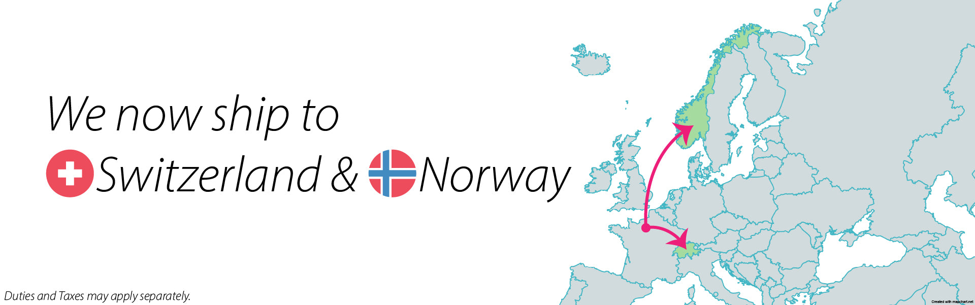 Map of Europe with a red arrow pointing to Switzerland and Norway, accompanied by text about shipping availability.